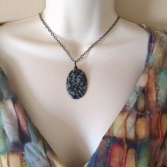 Snowflake Obsidian Stone Medallion Necklace & 24" Gunmetal Black Chain ~ Unisex - Picture 2 of 11